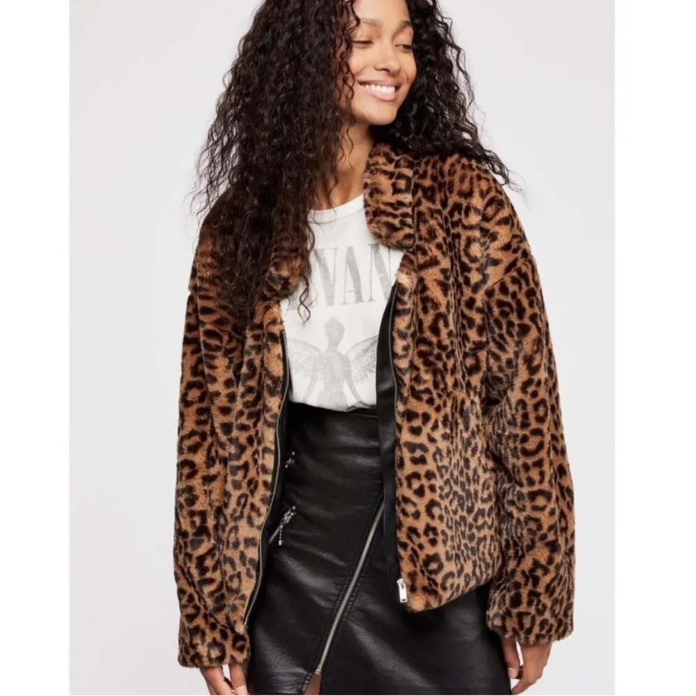 Free People | Furry Animal Print Bomber Jacket